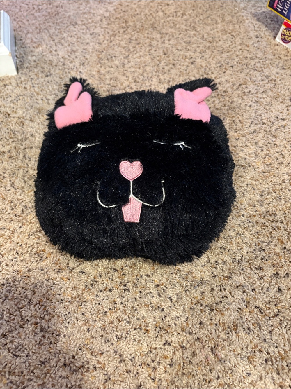 Black Plush Cat Face Slipper with Pink Accents